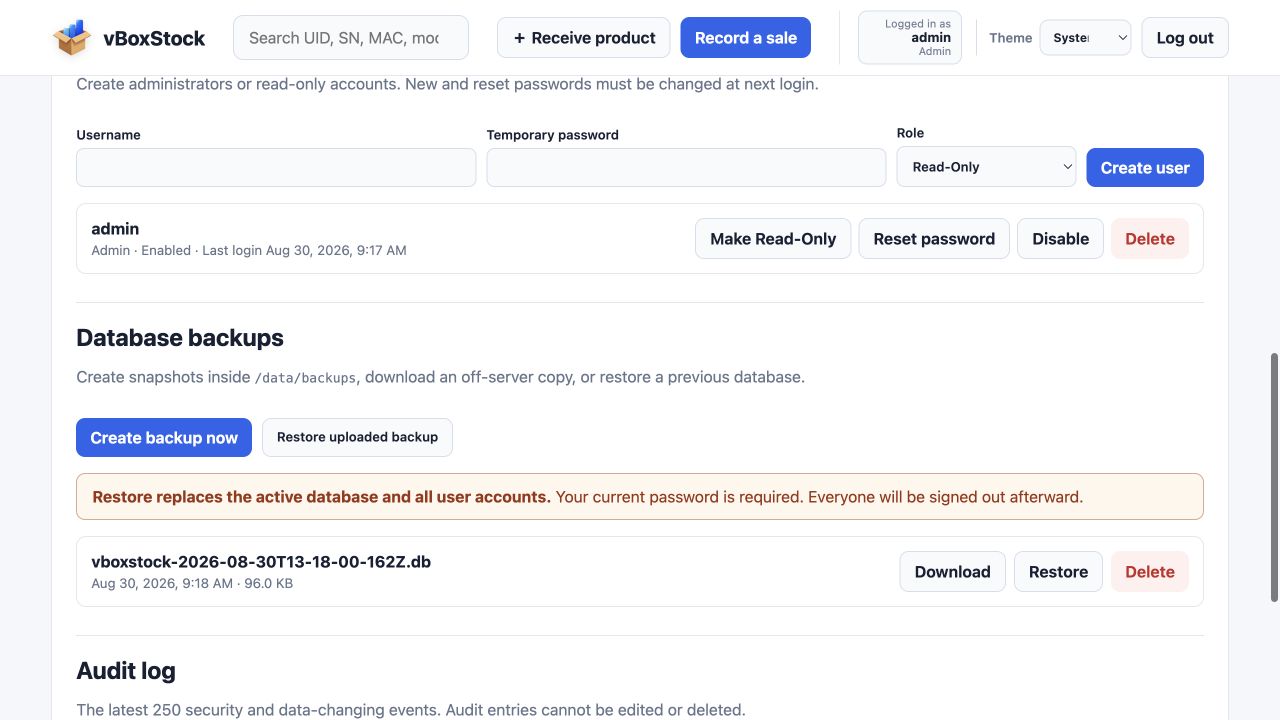 vBoxStock user administration and database backups