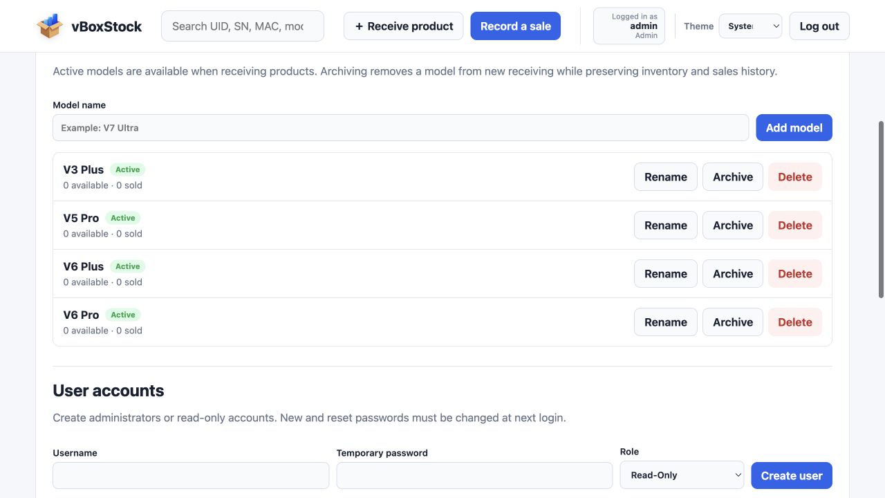 vBoxStock product model administration