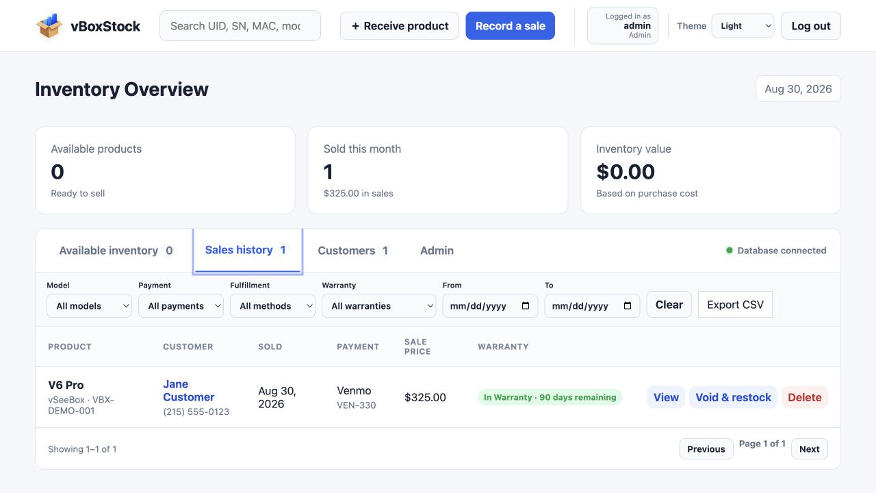 vBoxStock sales filters and export controls