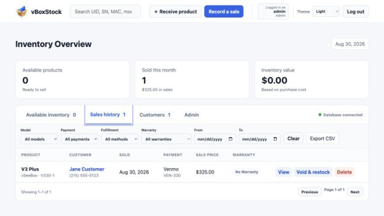 vBoxStock sales filters and export controls
