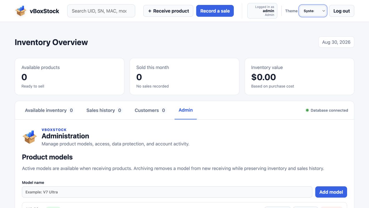 vBoxStock Admin page