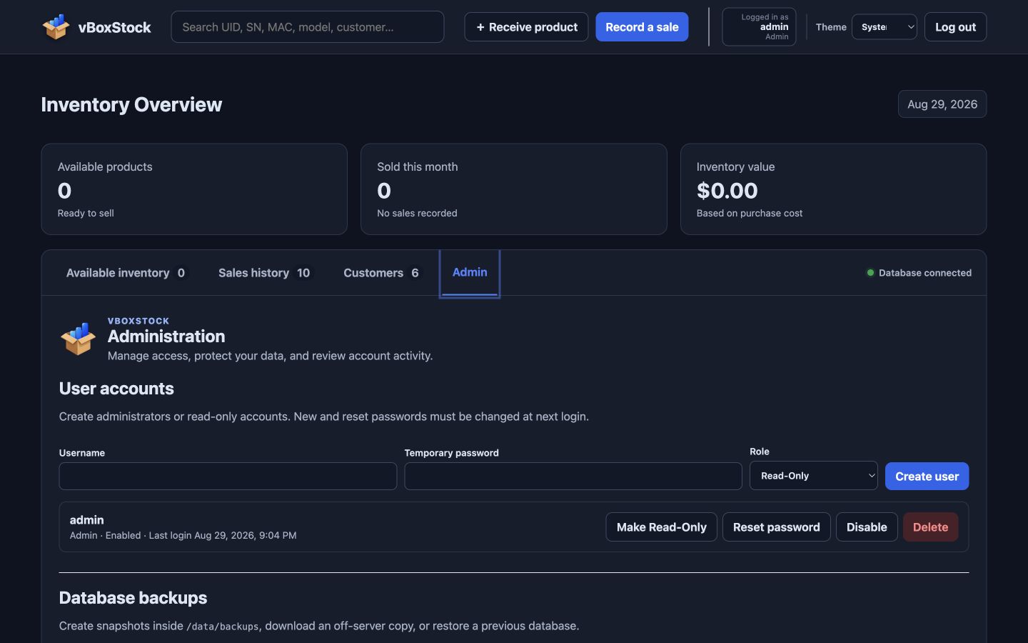 vBoxStock Admin page