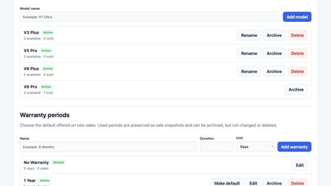 vBoxStock warranty period administration