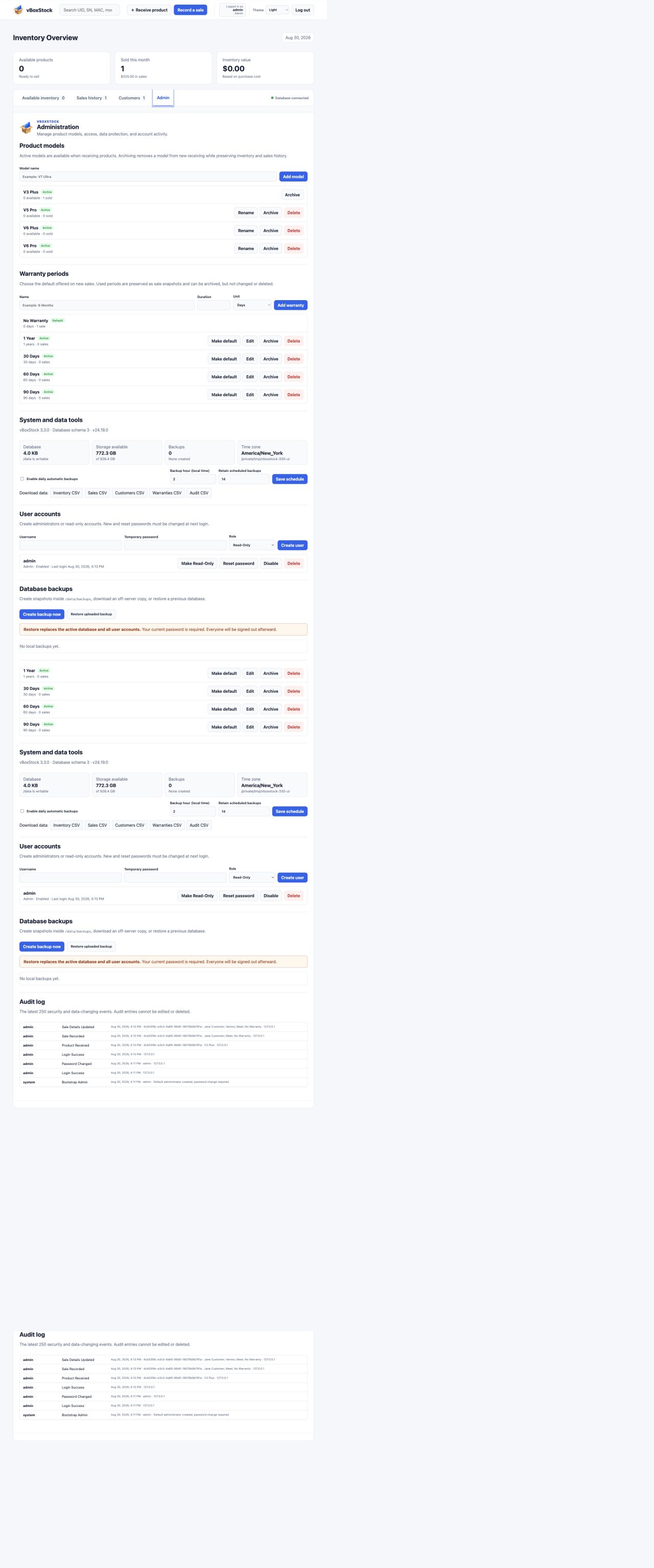 vBoxStock system diagnostics and scheduled backup settings