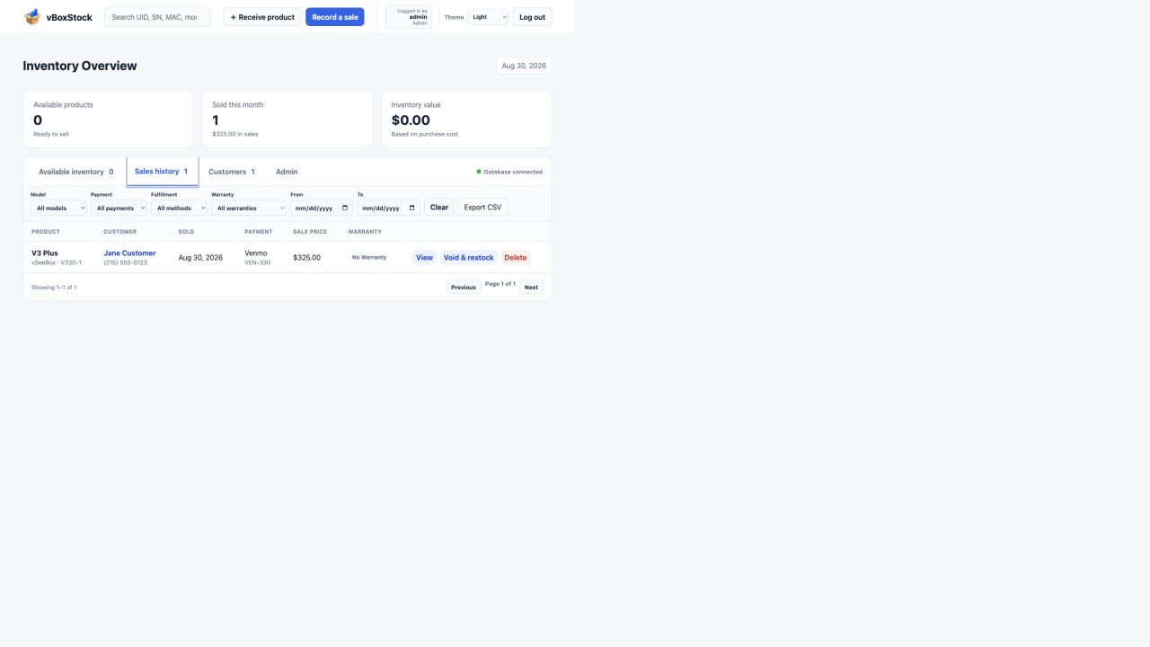 vBoxStock sales filters and export controls
