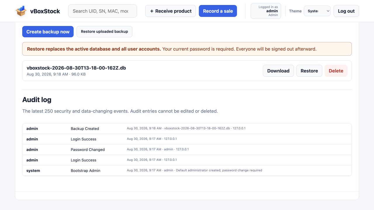 vBoxStock audit history