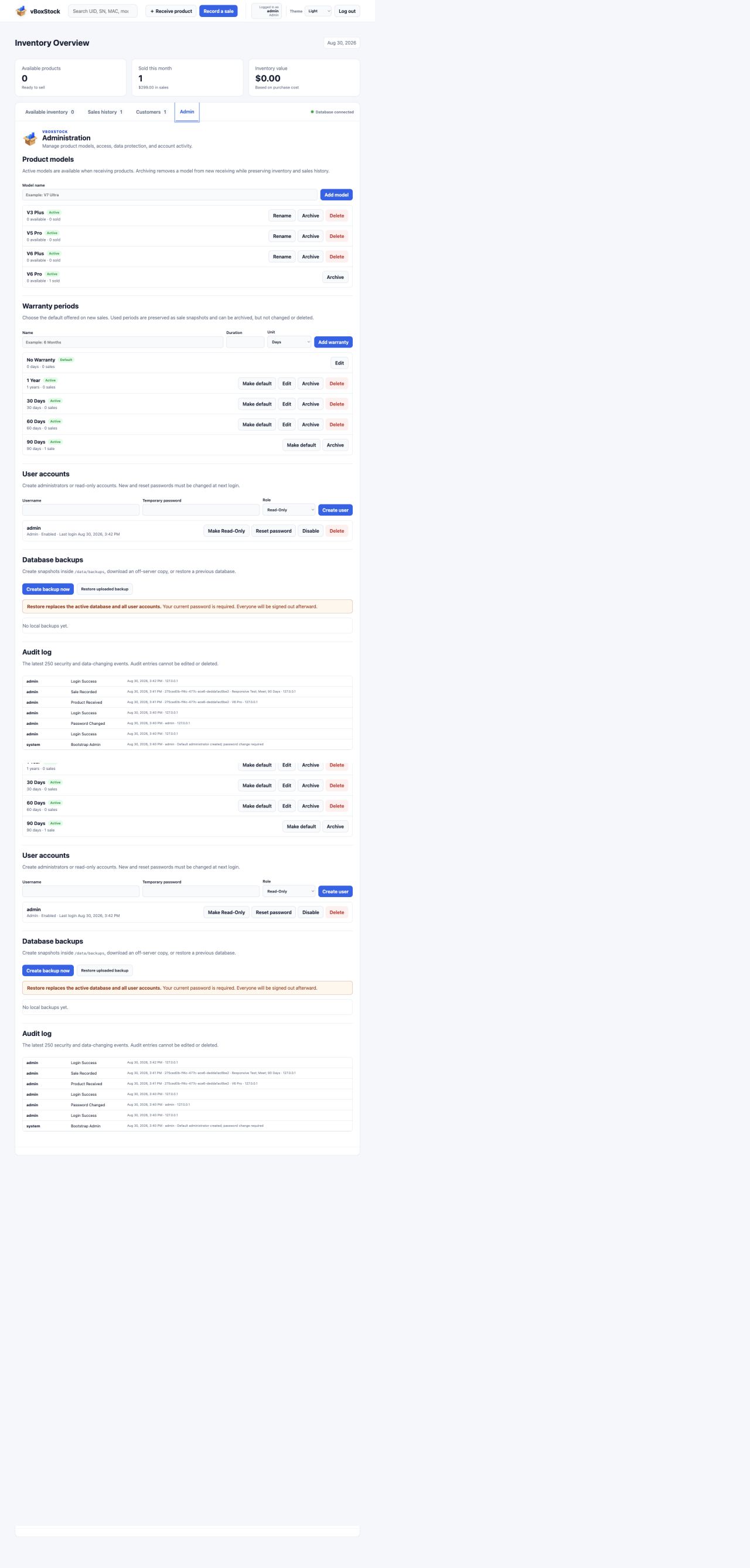 vBoxStock warranty period administration