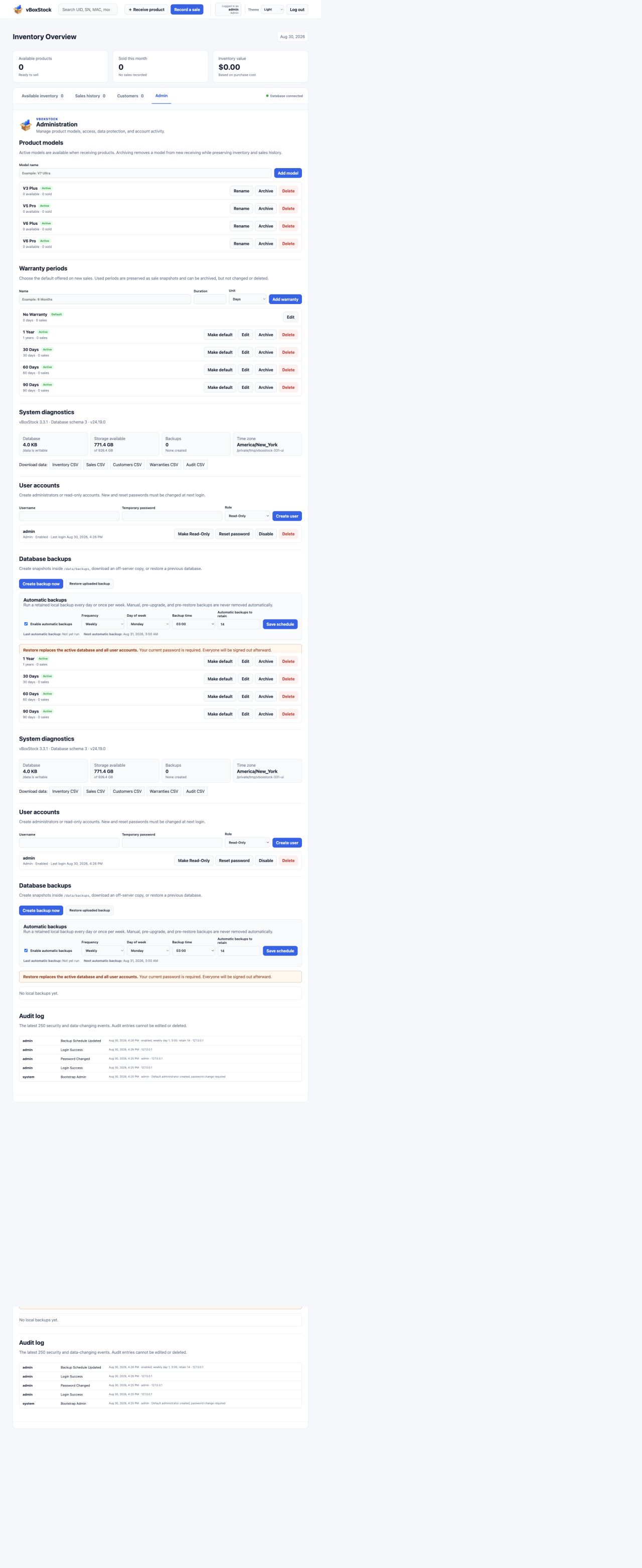 vBoxStock system diagnostics and scheduled backup settings