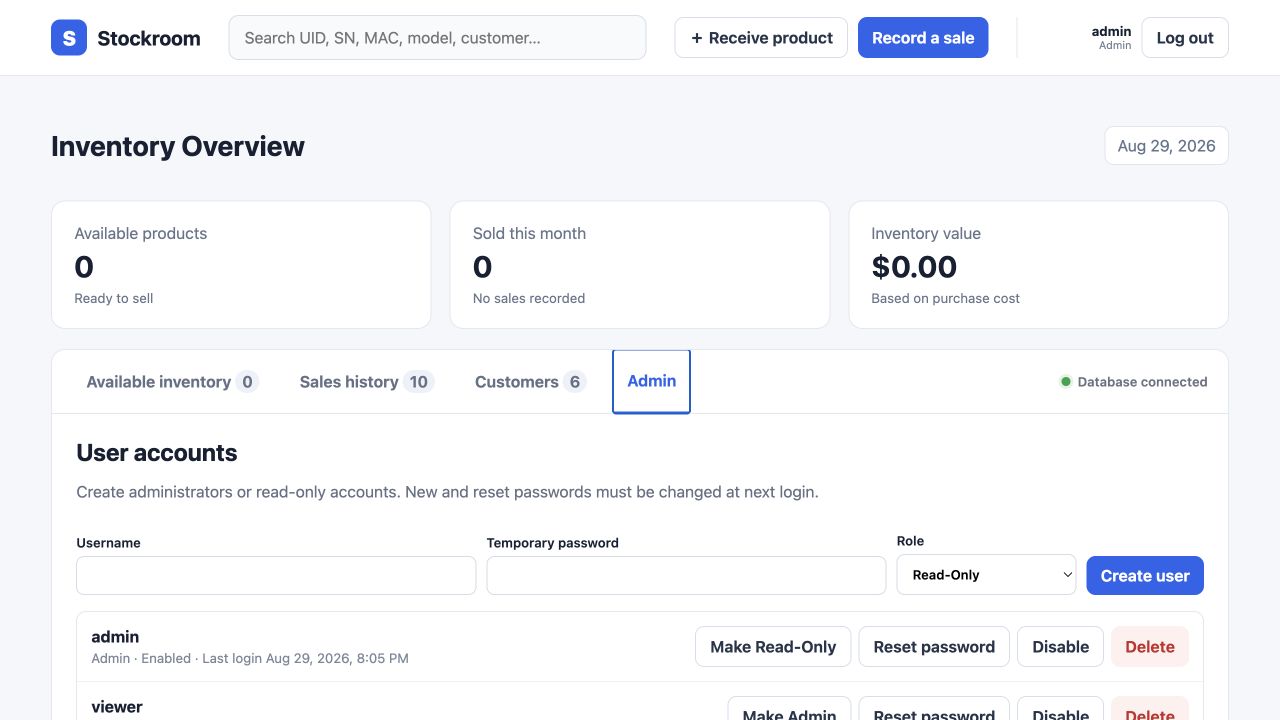 Stockroom Admin page