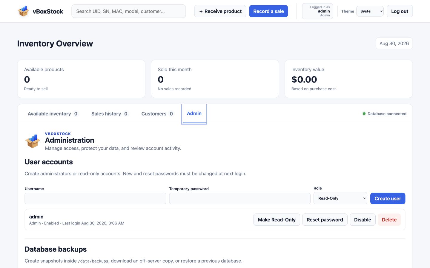vBoxStock Admin page